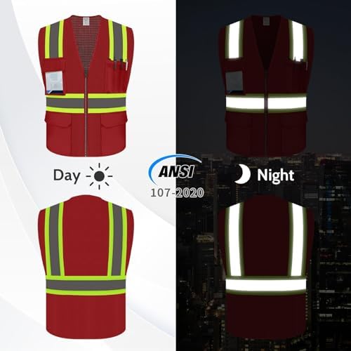 Safety Vest with Pockets, Hi Vis Construction Vest, Red, S - Image 2