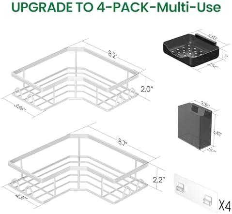 Adhesive Shower Caddy, 4 Pack Corner Bath Organizer, Rustproof Stainless Steel Shower Shelves with Large Capacity, No Drilling Shelves for Bathroom Storage, Home, Kitchen Décor (White). - Image 2