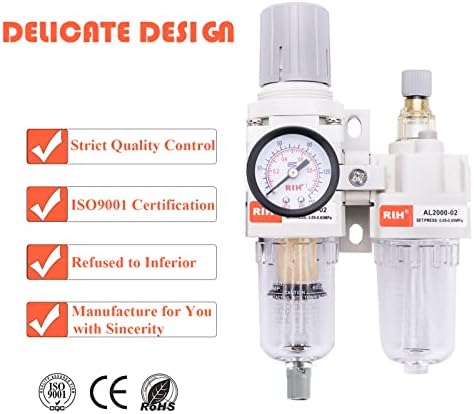 RIH Pneumatics 1/4“ NPT Compressed Air Filter Regulator Lubricator Combo Water/Oil Trap Separator - Gauge(0-150 psi), Auto Drain and Manuall-Drain,Poly Bowl,Bracket - 3 in 1 Two Unit - Image 6