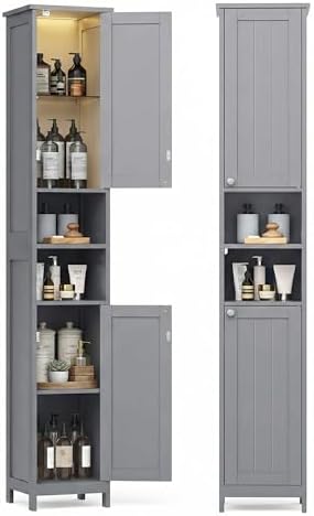 VASAGLE Tall Storage Cabinet with Lights, Slim, 11.8" W, Dove Gray by VASAGLEbySONGMICSHOME