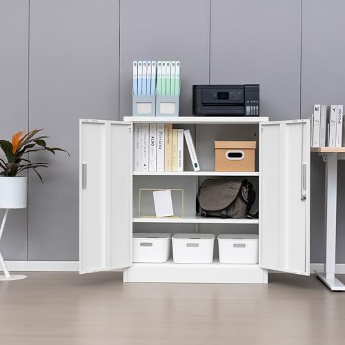 Wanfu Metal Storage Cabinet, 36" H Locking Storage Cabinet with 2 Adjustable Shelves for Garage, Home, Office, Utility Room-White - Image 2