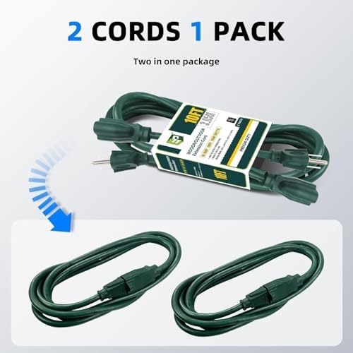 EP 10 FT Outdoor Extension Cord, 16/3 SJTW Heavy Duty Green 2PK, ETL Listed - Image 6