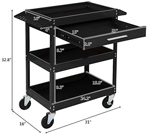 TUFFIOM 3 Tier Rolling Tool Cart on Wheels with Drawer, 330 LBS Capacity, Heavy Duty Commercial Utility Tool Service Cart, Tool Organizer for Mechanic, Garage, Warehouse & Repair Shop - Image 2