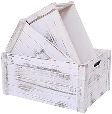 Farmhouse Antique White Wooden Crate For Storage,Rustic Decorative Boxes,Set Of 3 Extra Large Nesting Wooden Storage Crates For Home Decor,Handmade Natural Solid Wood Box (Rustic White) by SENRYEE