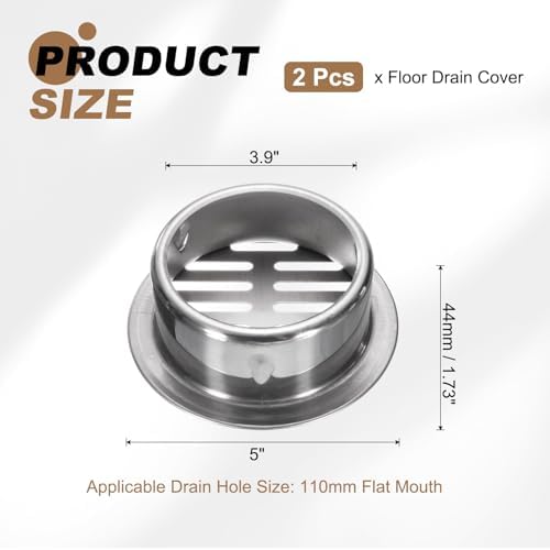 PATIKIL Floor Drain Cover 5" x 4" (110 Flat Mouth), 2 Pcs 304 Stainless Steel Round Anti Blocking Snap-in Drain Strainers for Outdoor Bathroom Kitchen Washroom Landscaped, Silver - Image 2