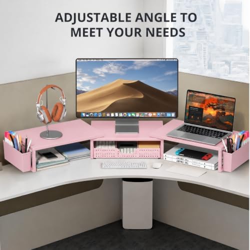 OPNICE Desk Organizers and Accessories, Dual Monitor Stand Riser with Drawer and 2 Pen Holders, Desk Shelf Computer Racks for Office Workspace Organizers, Desktop Organization (Peach-Pink) - Image 6