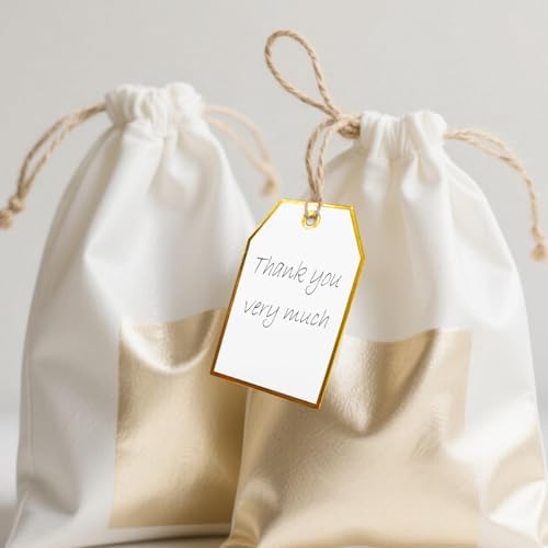 100Pcs Gold Gift Tags with String Attached Foil Gold Frame Large White Paper Gift Tags Presents with 65 Ft Jute Twine for Christmas Holiday Baby Shower Wedding Birthday Gift Wrap Tags - Image 6
