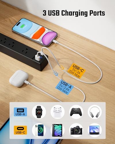 10Ft Long Extension Cord, SUPERDANNY Flat Plug Surge Protector Power Strip (Pack of 2) - Image 4