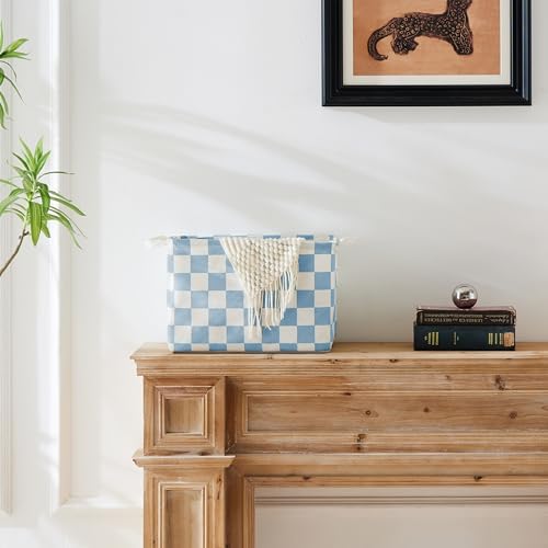 Ohocut Blue White Checkered Canvas Basket, Rectangular Organizing Decorative Storage Basket for Kids Dog Toy, Cute Aesthetic Race Cars Boy Room Decor for Home, Kitchen, Bedroom, Classroom, Shelves - Image 2