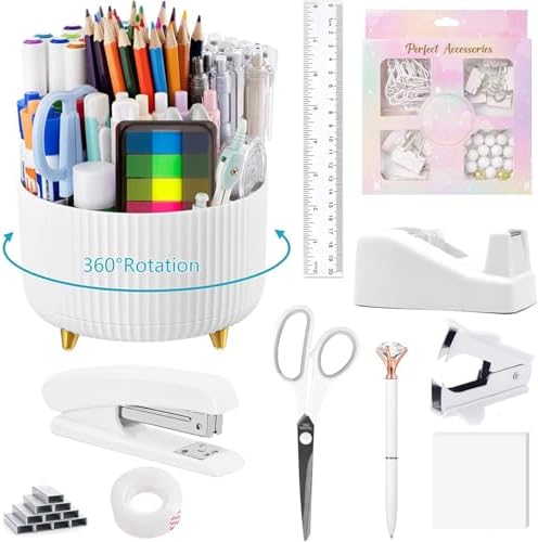 Office Supplies,School Supplies,White Desk Accessories,Desk Organizer,Scissors,Stapler,Tape Dispenser,Binder Clips,Staples,Staple Remover,Sticky Notes,Clear Tape,Pen,Ruler,Best Gift,11pcs by suniya
