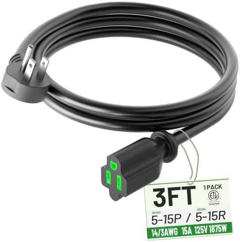 POWGRN 3FT 14/3 Black Flat Plug Extension Cord, Low Profile Indoor by POWGRN