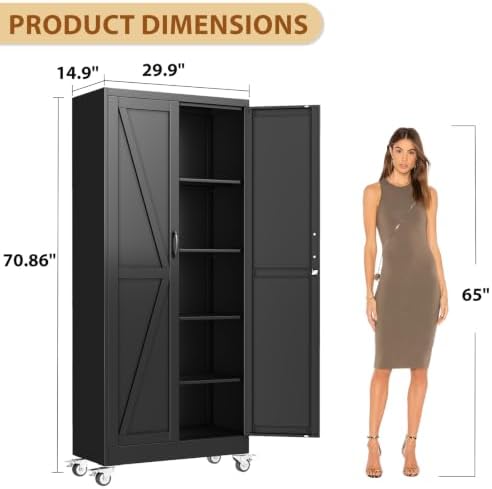 71" Metal Garage Storage Locker Cabinet with Wheels,Rolling Black Farmhouse Kitchen Pantry Cabinet with 2 Doors and 4 Adjustable Shelves, Steel File Tool Cabinet for Home Office Warehouse - Image 3