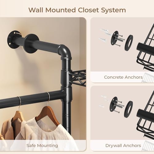 4-Bay Wall-Mounted Closet System, Expandable Industrial Pipe Clothing Racks - Image 7