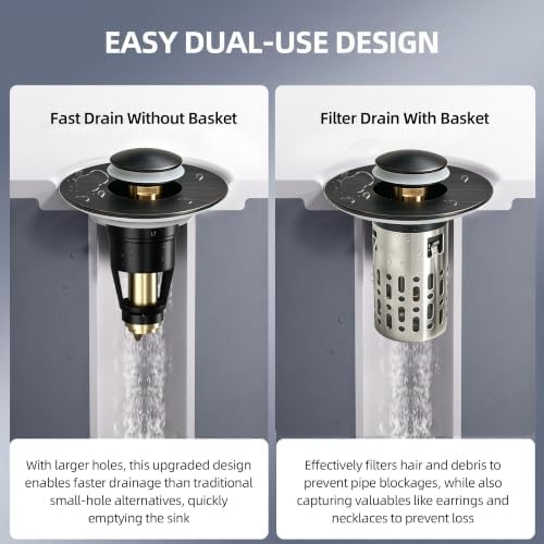 Bathroom Sink Stopper, 3 in 1 Bathroom Sink Drain Strainer Universal Pop Up Sink Stopper with Removable Hair Catcher Anti-Clog Filter Basket Brass & Stainless Steel Oil Rubbed Bronze 1 PC - Image 4