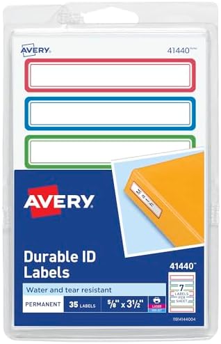 Avery Durable Labels for Kids' Gear, 5/8" x 3-1/2", Assorted Border Colors, Water-Resistant Labels, 35 Total (41440) by Avery