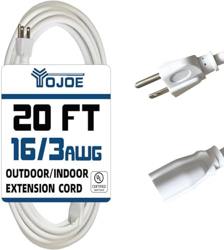 YOJOE Indoor Outdoor Extension Cord, 3 Prong 13A Weatherproof Power Cord, 16 Gauge Heavy Duty 20 ft White Extension Cord for Garage, Garden and Home, 16/3 SJTW UL Certified by YOJOE