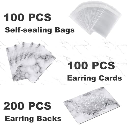 Earring Cards, Set Jewelry Making Supplies with 100 Pcs Earring Holder Cards 200 Pcs Earring Backs and 100 Jewelry Packaging for Earrings Necklace Jewelry Display, Bags 3.5x2.4 Inches (Marble White) - Image 3