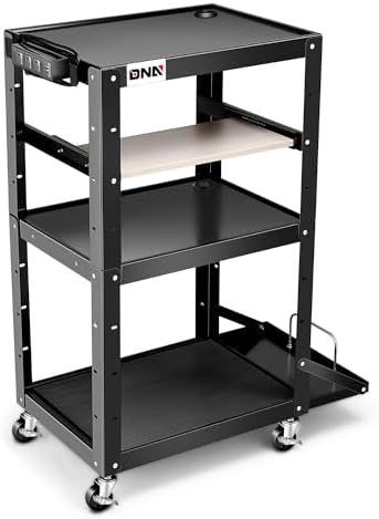 DNA Motoring Steel AV Cart 3-Layer Rolling Projector Utility Cart, 24" X 18" X 24.6"- 42.5" Height Adjustable, with Wheels, Pullout Keyboard Tray, Power Strip, Cord Management, TOOLS-00497 by DNAMOTORING