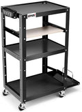 DNA Motoring Steel AV Cart 3-Layer Rolling Projector Utility Cart, 24" X 18" X 24.6"- 42.5" Height Adjustable, with Wheels, Pullout Keyboard Tray, Power Strip, Cord Management, TOOLS-00497 by DNAMOTORING