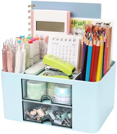 Meiikun Plastic Pen Organizer, Multifunctional Desk Organizer with 2 Drawers, 4 Compartments & a Top Tray, Pencil Holder Desktop Organizers and Accessories for Office, 7.7" x 5.5" x 3.9" (Blue) by Meiikun