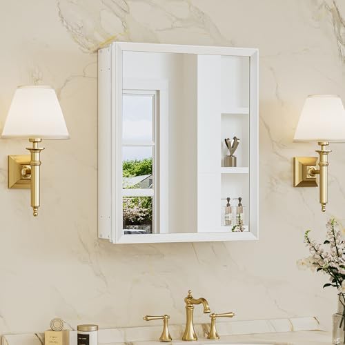 TokeShimi 16 x 20 White Recessed Medicine Cabinet with Mirror, Assembly Required, Bathroom Medicine Cabinet with Mirror, Stepless Adjustable Shelves, Beveled Aluminum Frame, DTC Hinge by TokeShimi