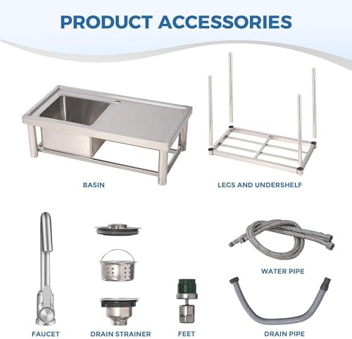 Stainless Steel Utility Sink with Faucet & Workbench, Commercial Freestanding Single Bowl Sink with Hot & Cold Water Pipes, Storage Shelf for Restaurant, Kitchen, Garage, Laundry, Outdoor (30in) - Image 5