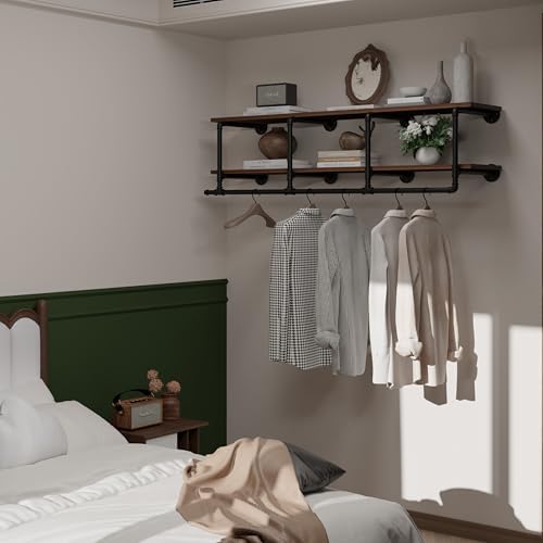 Wall Mounted Clothes Rack 12 Inch Deep, 60 Inch Heavy Duty Garment Rack with Real Walnut Wood Shelf, Multi-Purpose Hanging Rod & Space-Saving Closet Storage Organizer - Image 3