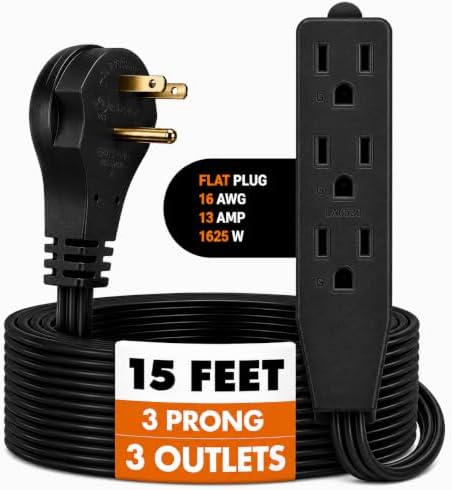 Flat Plug Extension Cord 15 FT Black – 3 Outlet 3 Prong Grounded Indoor Extension Cord – Low Profile Wall Hugger Angled Plug – 16/3 Heavy Duty Power Cord 13A 125V for Home Office by BindMaster
