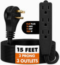 Flat Plug Extension Cord 15 FT Black – 3 Outlet 3 Prong Grounded Indoor Extension Cord – Low Profile Wall Hugger Angled Plug – 16/3 Heavy Duty Power Cord 13A 125V for Home Office by BindMaster