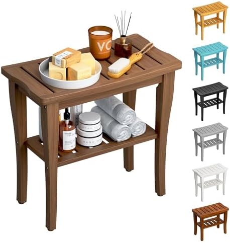 Bamboo Shower Bench Stool with Storage Shelf, Waterproof Shower Chair Spa Bath Seat, Shower Stool for Inside, Bathroom Bench Seat for Adults Elderly Seniors for Indoor or Outdoor Use(Walnut) by oridom
