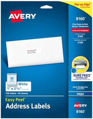 Avery Easy Peel Printable Address Labels, Sure Feed Technology, 1" x 2-5/8" Customizable Stickers, White, 750 Blank Mailing Labels, Great for Mailing, Shipping, and More (8160) by Avery