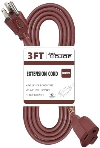 YOJOE Extension Cord, 3 Prong 13A Weatherproof Power Cord, 16 Gauge Heavy Duty 3 ft Brown Extension Cord for Garage, Garden and Home, 16/3 SJTW UL Certified by YOJOE