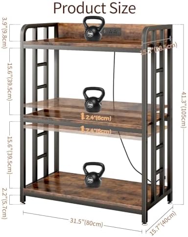 Baker's Rack with Power Outlet, 3-Tier Adjustable Microwave Cart, Brown - Image 3