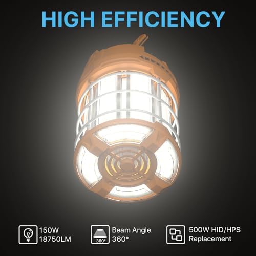 HYPERLITE LED Temporary Work Light 150W 18750LM 500W HID/HPS 5000K, Portable Hanging Construction Light with Stainless Steel Safety Guard and Sturdy Hook for Job Site, Workshop(with an ON/Off Switch) - Image 6