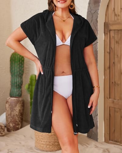 Womens Terry Cloth Cover Up Hooded Swim Cover with Zipper and Pocket - Image 6
