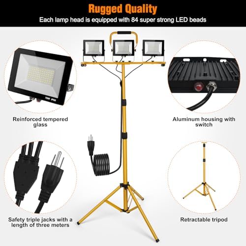 LED Work Lights with Stand, 21000 Lumen, 3-Head Adjustable Work Light - Image 3