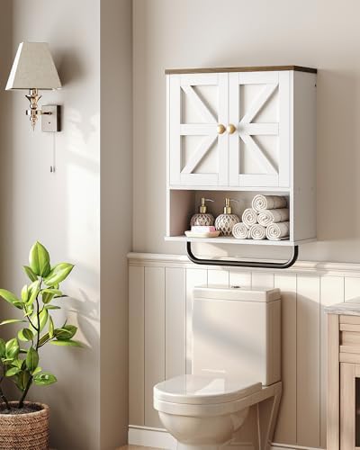 CHOEZON Bathroom Wall Cabinet, Medicine Cabinet with Open Partition and Towel Bar, Rustic Storage Cabinet with Open and Hidden Storage Space, for Bathroom, Living Room, Kitchen, White and Walnut - Image 4