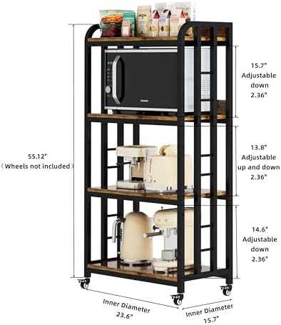 4-Tier Kitchen Baker's Rack with Rolling Wheels, Microwave Oven Cart Stand, Adjustable Utility Shelving Storage Unit, Heavy Duty Organizer Rack for Living Room, Garage, Home and Office(Brown) - Image 2