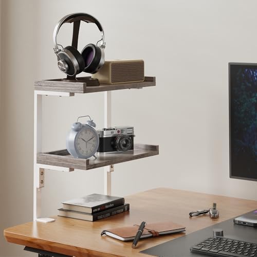 Clamp On Desk Shelf 2-Tier, Wood Shelving Unit for Office Desk/Gaming Accessories, Tabletop Book Storage Rack, Shelf for Top of Desk, Grey - Image 2