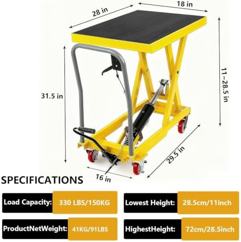 330 LBS Manual Hydraulic Double Scissor Lift Table Cart, Max 28.5 Inch Lifting Height, Reinforced Welded Steel Frame, Anti-Overload Hydraulic Unit, Non-Slip Rubber Platform Mat - Image 6