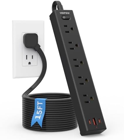 15FT Surge Protector Power Strip, 1700J, 5AC&1A2C, Flat Plug Extension Cord by HOPOW