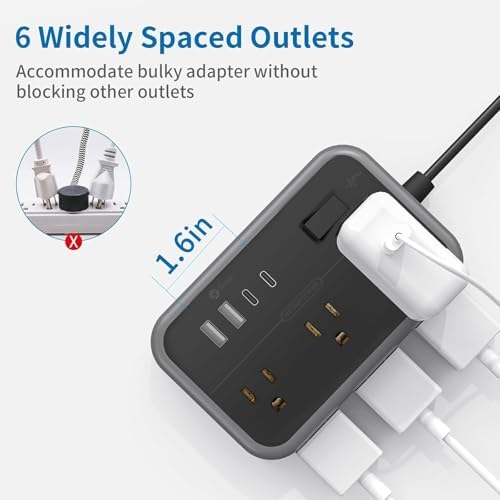 Extension Cord 25 Ft NTONPOWER Long Extension Cord with 6 Widely Spaced Outlet, Power Strip with 4 USB Port(2 USB-C), Wall Mount for Home Office, Dorm Room and Nightstand, Black - Image 5
