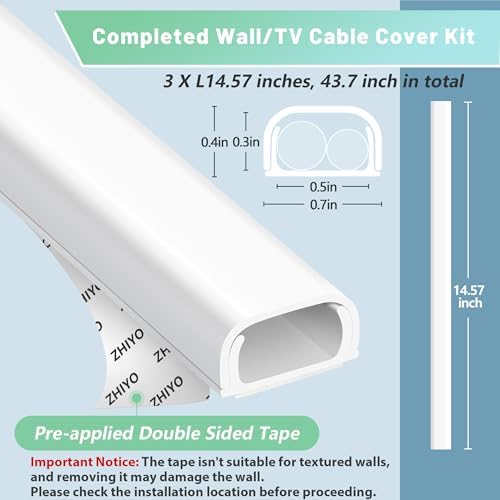 ZhiYo 43" Cord Covers for Wires on Wall, Black Cord Hider, 0.7" W x 0.4" H - Image 3