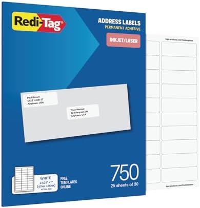 Redi-Tag Printable Address Labels, Customizable Stickers, 1" x 2-5/8", White, 750 Blank Mailing Labels for Inkjet and Laser Printers (1009573) by Redi-Tag