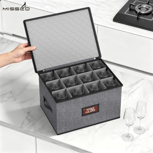 MISSLO Stackable Wine Glass Storage Box with Dividers Hard Shell Stemware Storage Containers for 12 China Crystal Glasses Drinkware, Moving Supplies, Grey - Image 2