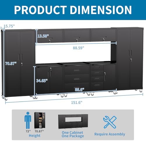 Garage Storage Cabinets System 8 PCS Workshop Set with Drawers Locking Heavy Duty Rolling Cart with Adjustable Shelves Garage Tool Workbench Cabinets (8 PCS, Black) - Image 3
