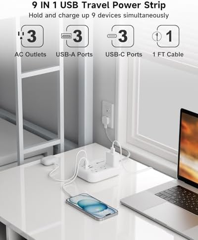 Beeiker Short Extension Cord 1 Ft,6 USB (3 USB C) Power Strip,3 Outlets - Image 3