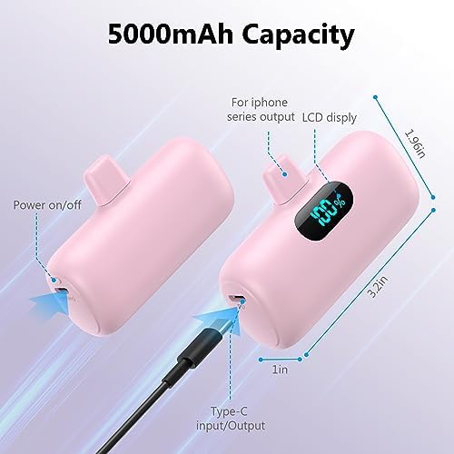 Mini Portable Charger for iPhone,Upgraded 5000mAh PD Fast Charging Battery Pack,LCD Display Cute Power Bank Portable Phone Charger for iPhone 14/14 Pro Max/13/13 Pro/12 Pro/11/XS/XR/X/8/7/6-Pink - Image 4