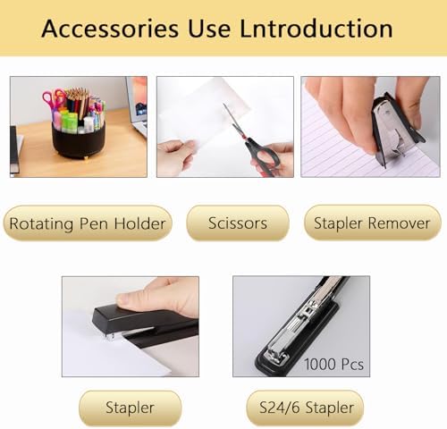 Office Supplies,Black Desk Accessories,Office Supplies Set,Desk Organizer,Stapler,Tape Dispenser,Scissors,Staple Remover,Binder Clips,Staples,Ballpoint Pen,Index Tabs with Ruler,Clear Tape.10pcs - Image 2