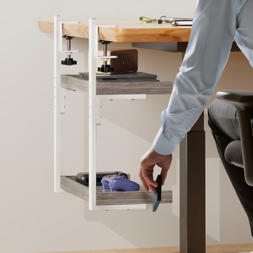 Clamp On Desk Shelf 2-Tier, Wood Shelving Unit for Office Desk/Gaming Accessories, Tabletop Book Storage Rack, Shelf for Top of Desk, Grey - Image 6